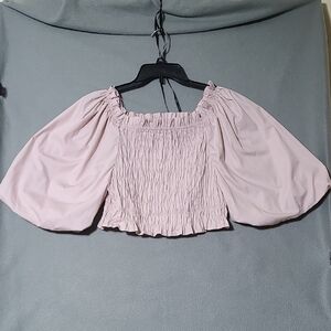 FRESHMAN Pink Shirred Smocked Puff Sleeve Crop Top Blouse - Size Large‎ NWT